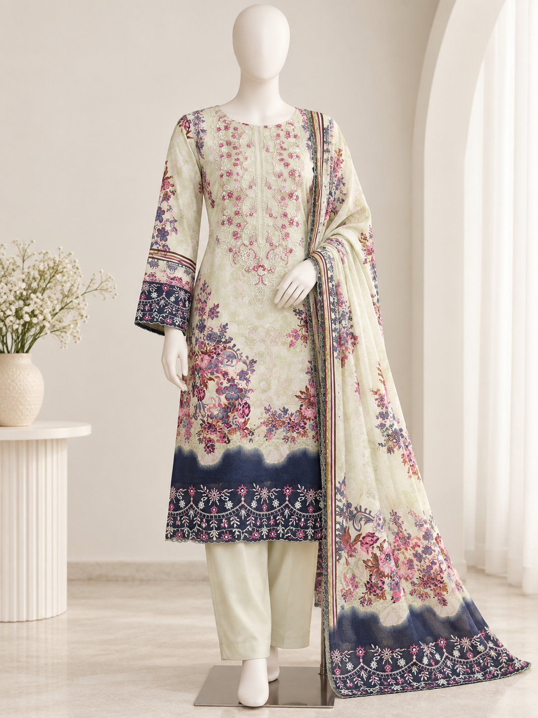 Model wearing daily wear Pakistani suit